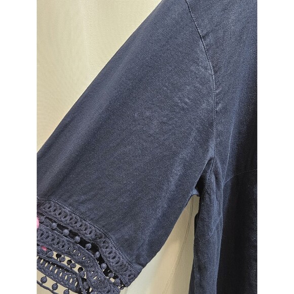 J Jill Womens 3X Navy Blue Top Linen Coastal Tunic Peasant Cottagecore Crochet - Picture 2 of 15